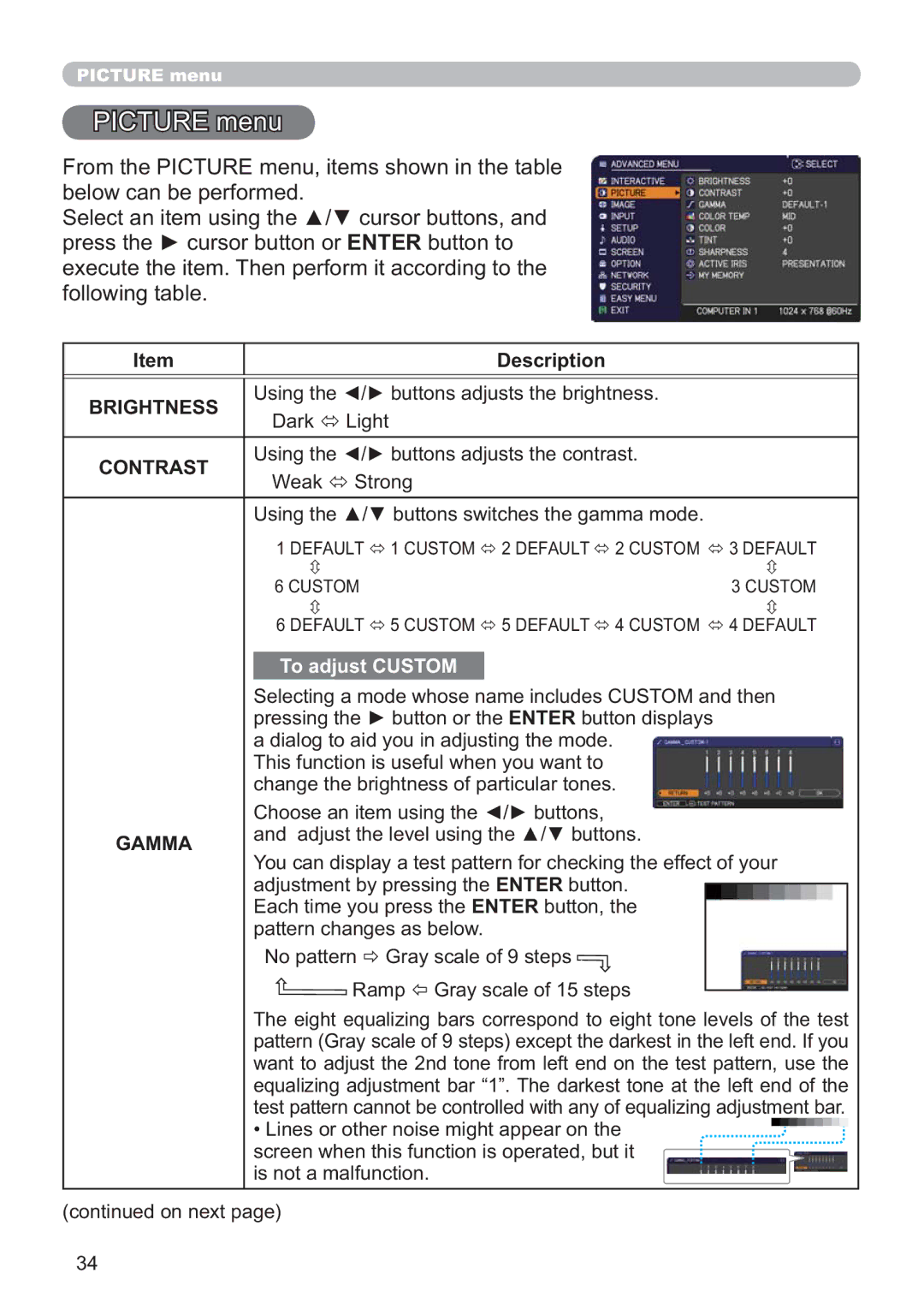 Dukane 8107HWI user manual Picture menu, Brightness, Contrast, Gamma 