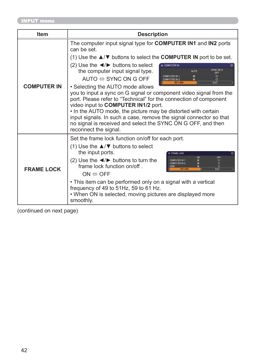 Dukane 8107HWI user manual Auto Sync on G OFF, Computer, Frame Lock 