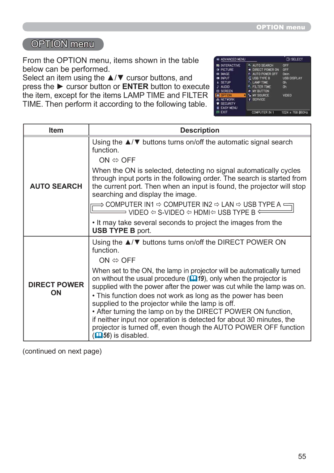 Dukane 8107HWI user manual Option menu, Computer IN2 LAN USB Type a Video Video Hdmi USB Type B, Direct Power 