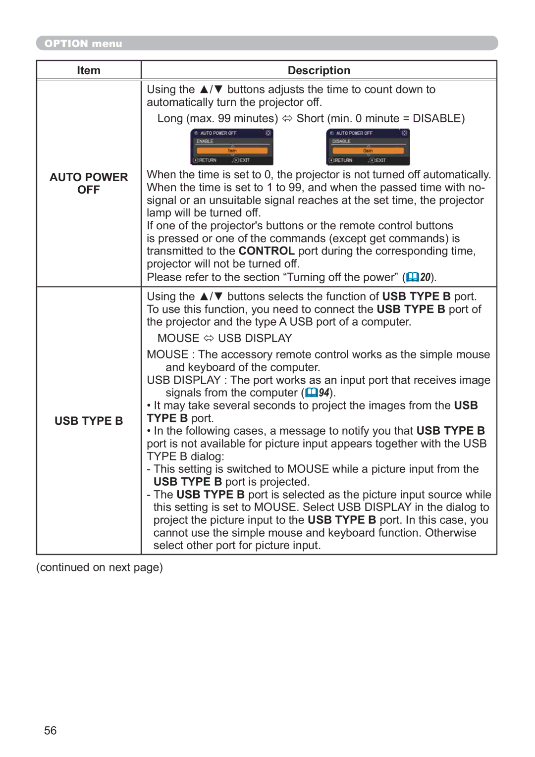 Dukane 8107HWI user manual Auto Power, Off, Mouse USB Display, USB Type B, Type B port 