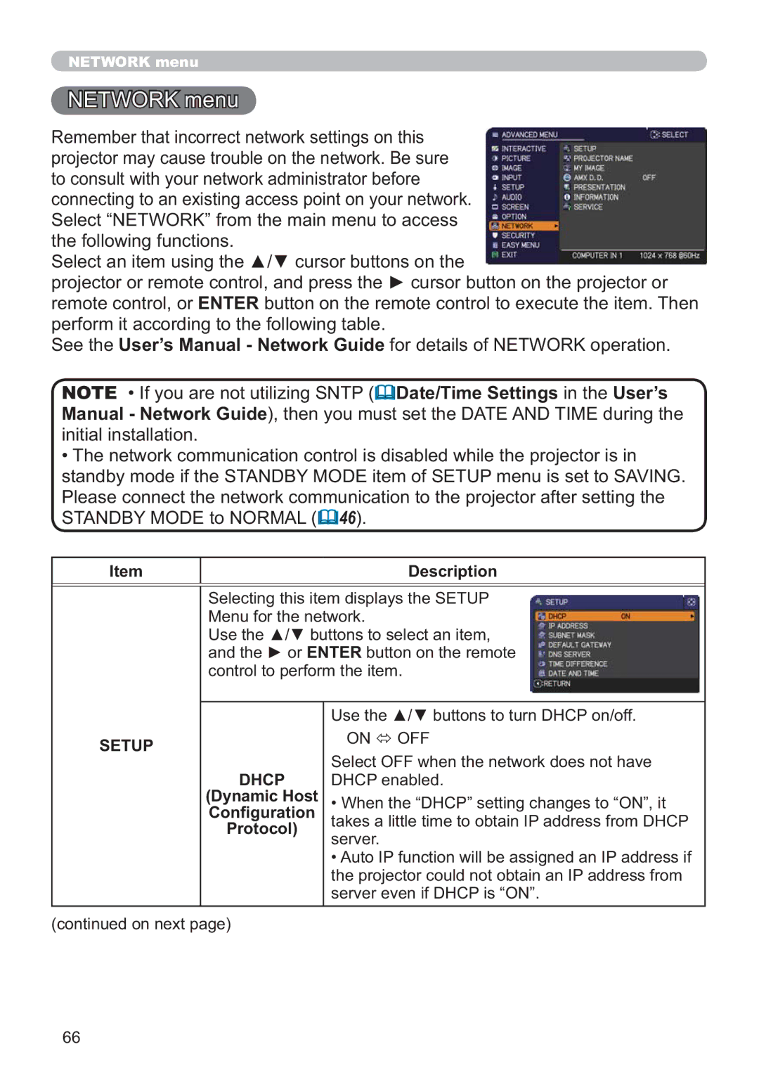 Dukane 8107HWI user manual Network menu, Setup, Dhcp 