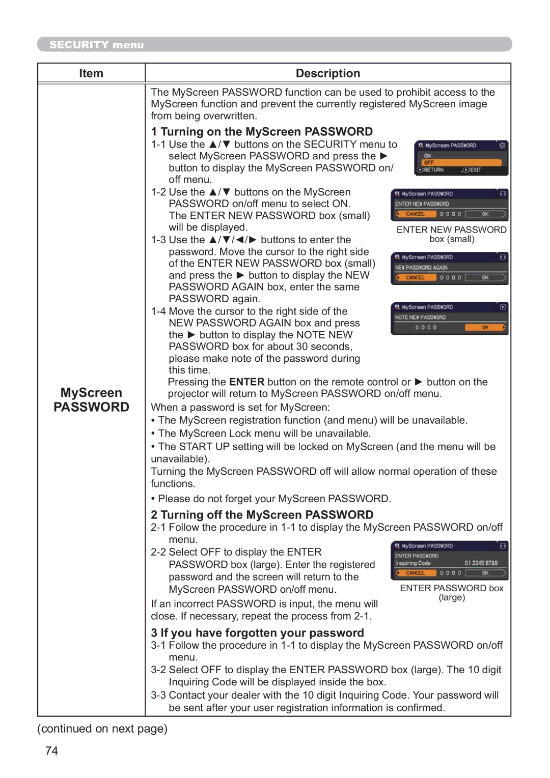 Dukane 8107HWI user manual Turning on the MyScreen Password, Turning off the MyScreen Password 