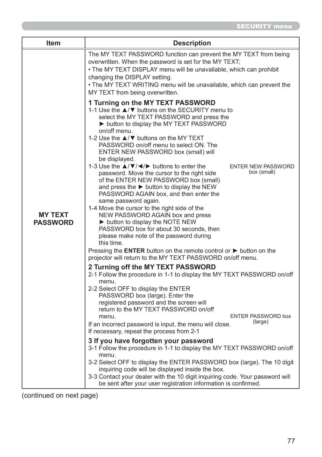 Dukane 8107HWI user manual Turning on the MY Text Password, Turning off the MY Text Password 