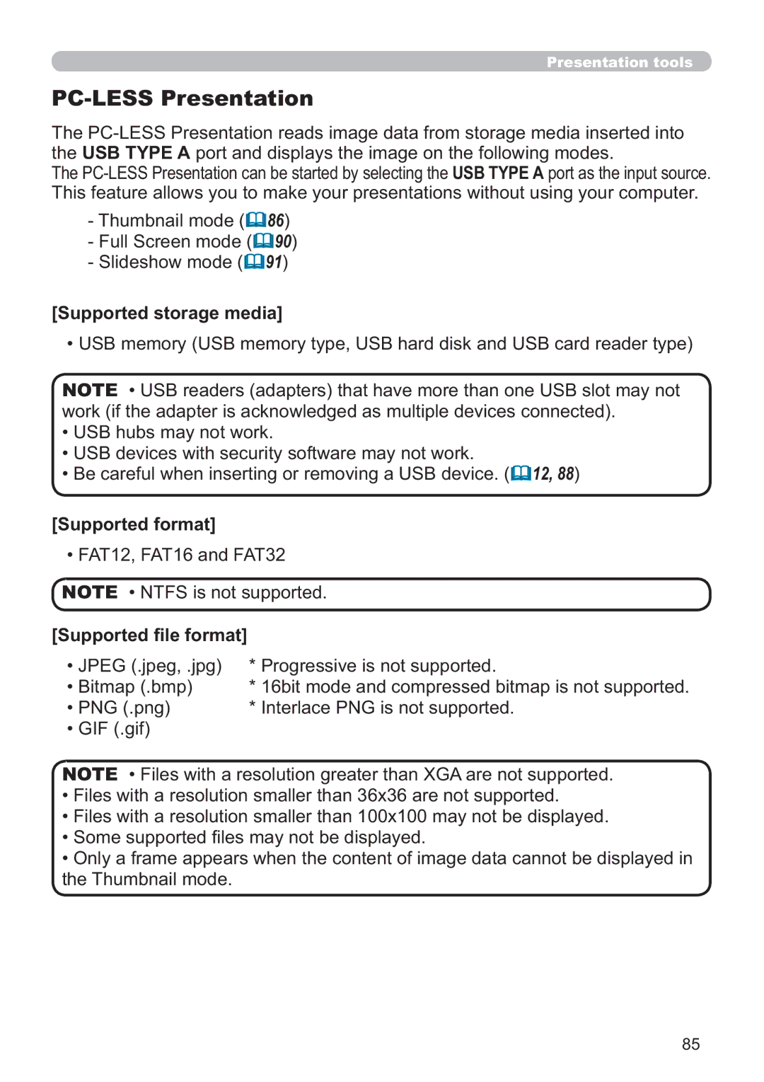 Dukane 8107HWI user manual PC-LESS Presentation, Supported storage media, Supported format, Supported ﬁle format 