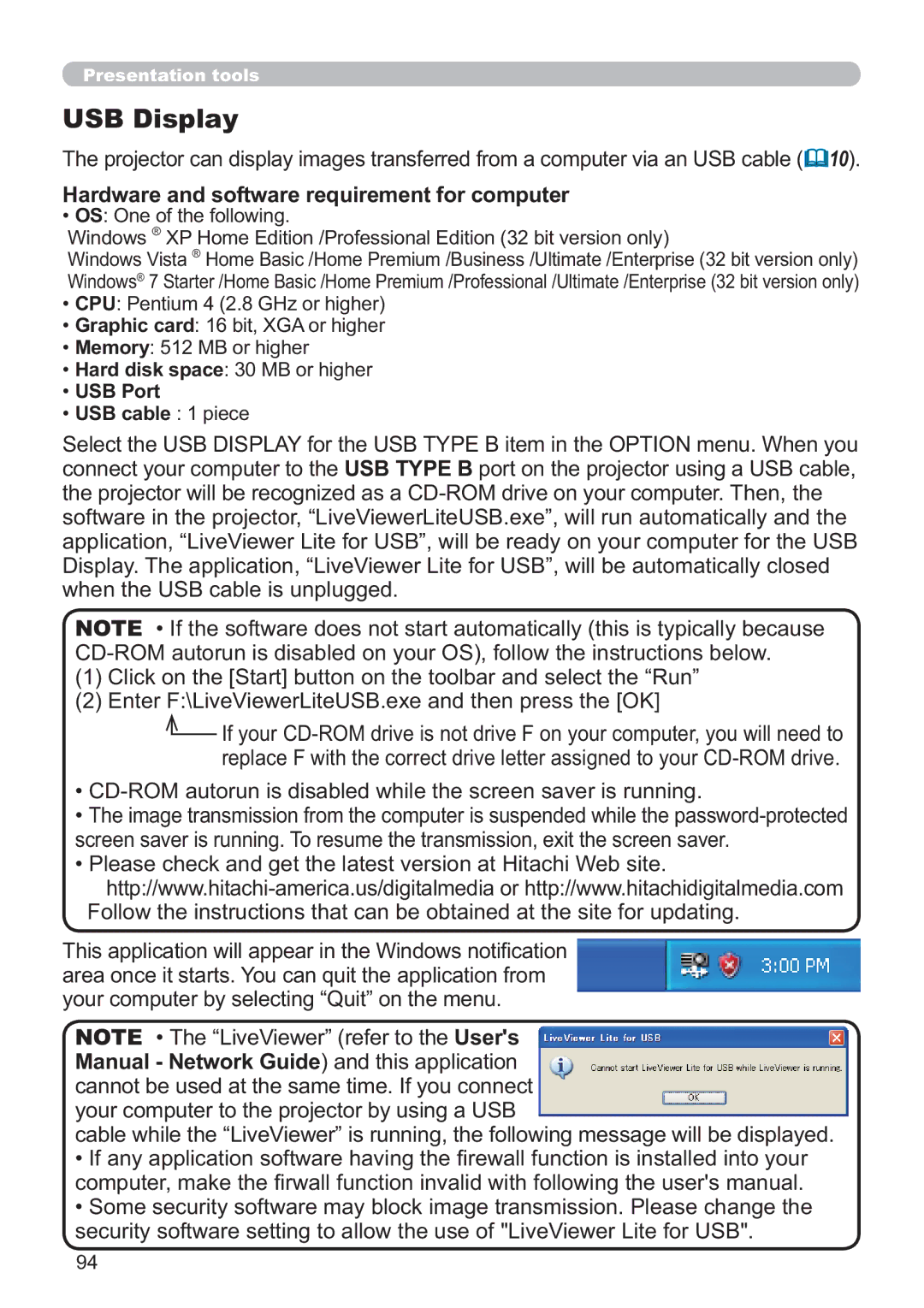 Dukane 8107HWI user manual USB Display, Hardware and software requirement for computer, USB Port USB cable 1 piece 