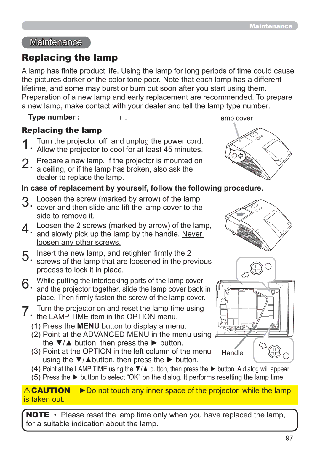 Dukane 8107HWI user manual Maintenance, Type number 456-8104HW Replacing the lamp 