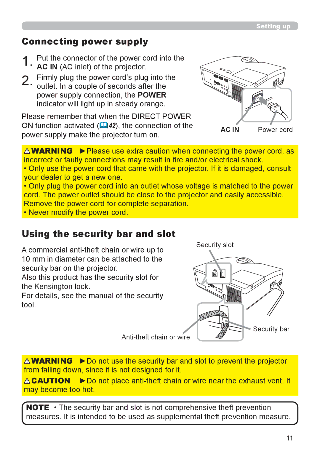 Dukane 8110H user manual Connecting power supply, Using the security bar and slot 