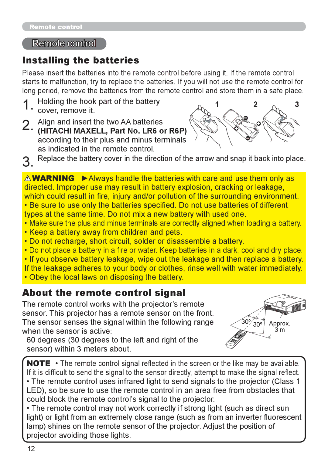 Dukane 8110H user manual Remote control, Installing the batteries, About the remote control signal 