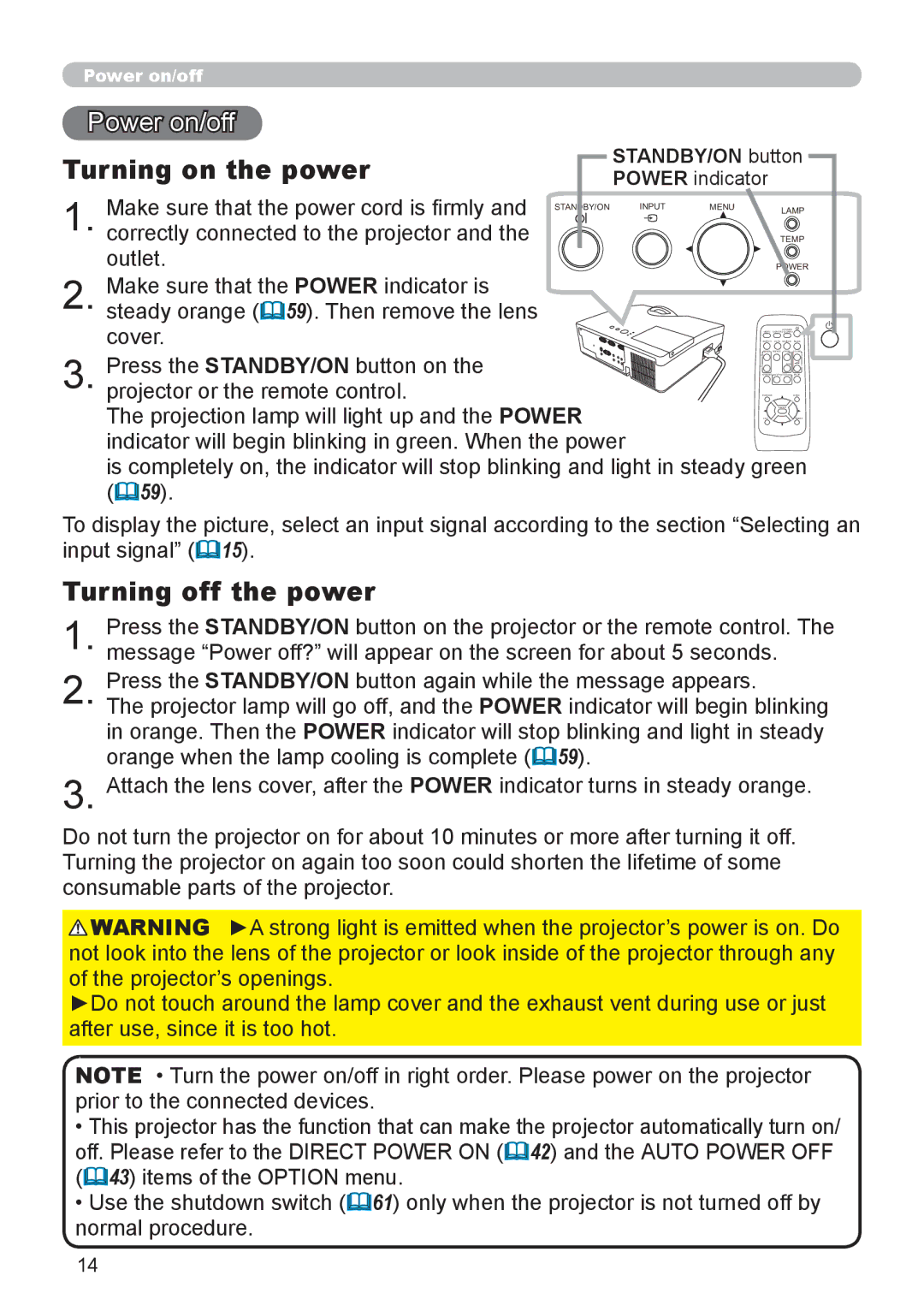 Dukane 8110H user manual Power on/off, Turning on the power, Turning off the power, STANDBY/ON button Power indicator 