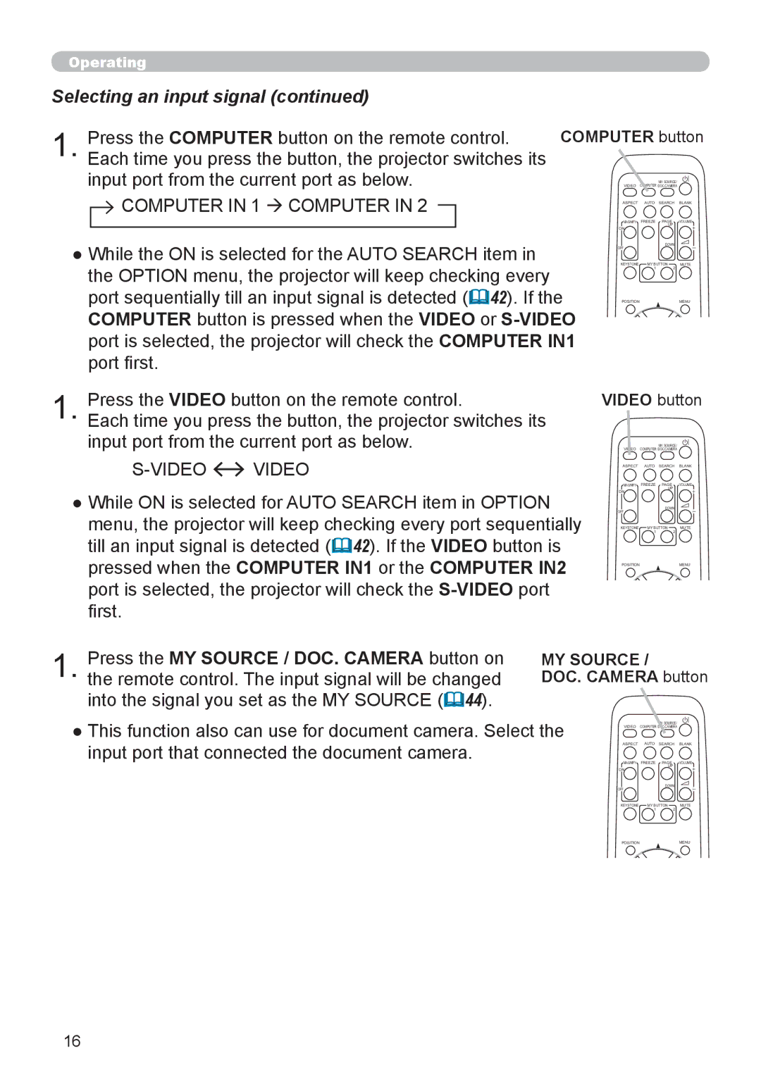 Dukane 8110H user manual Press the MY Source / DOC. Camera button on, Computer button, Video button 