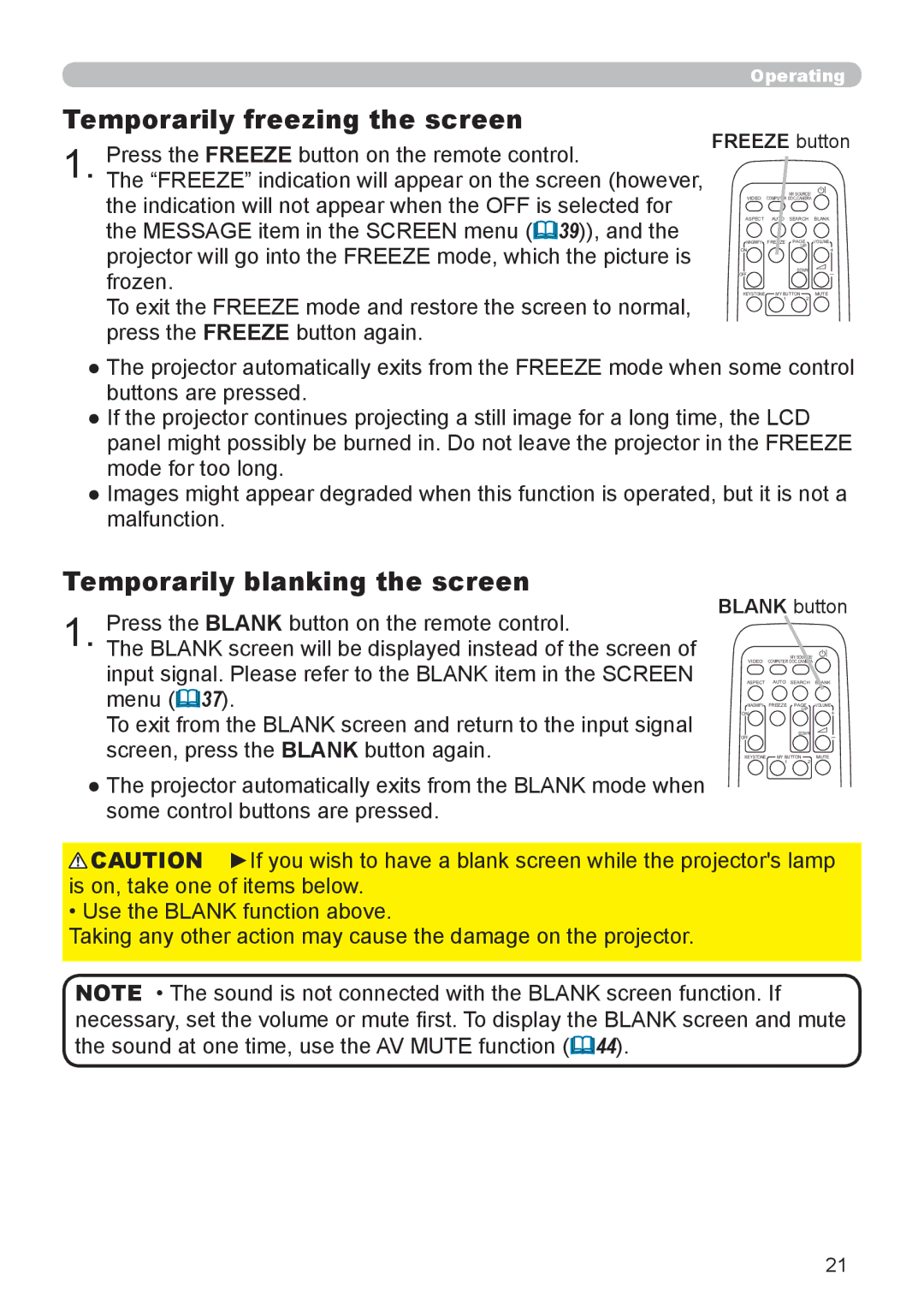 Dukane 8110H user manual Temporarily freezing the screen, Temporarily blanking the screen, Freeze button, Blank button 