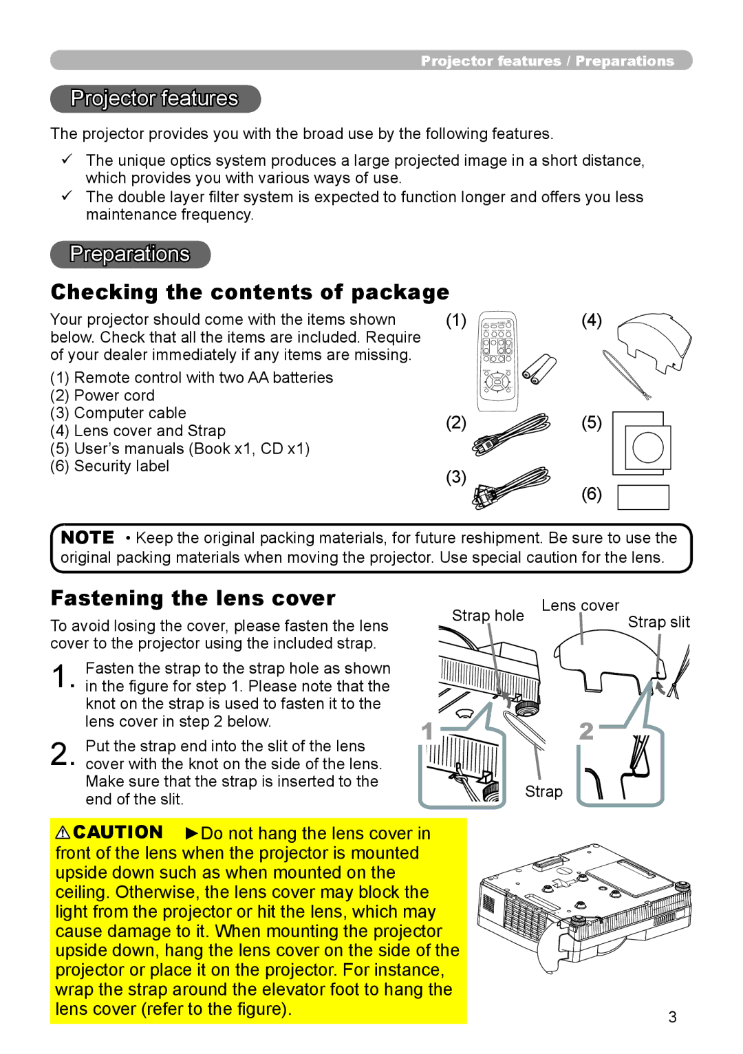 Dukane 8110H user manual Checking the contents of package, Fastening the lens cover 