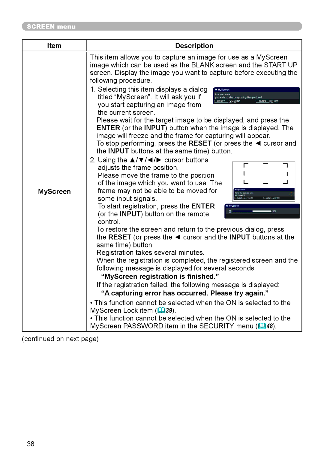 Dukane 8110H Description MyScreen, MyScreen registration is finished, Capturing error has occurred. Please try again 