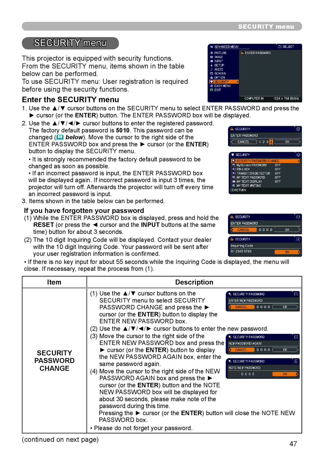 Dukane 8110H user manual Enter the Security menu, Password, Change 