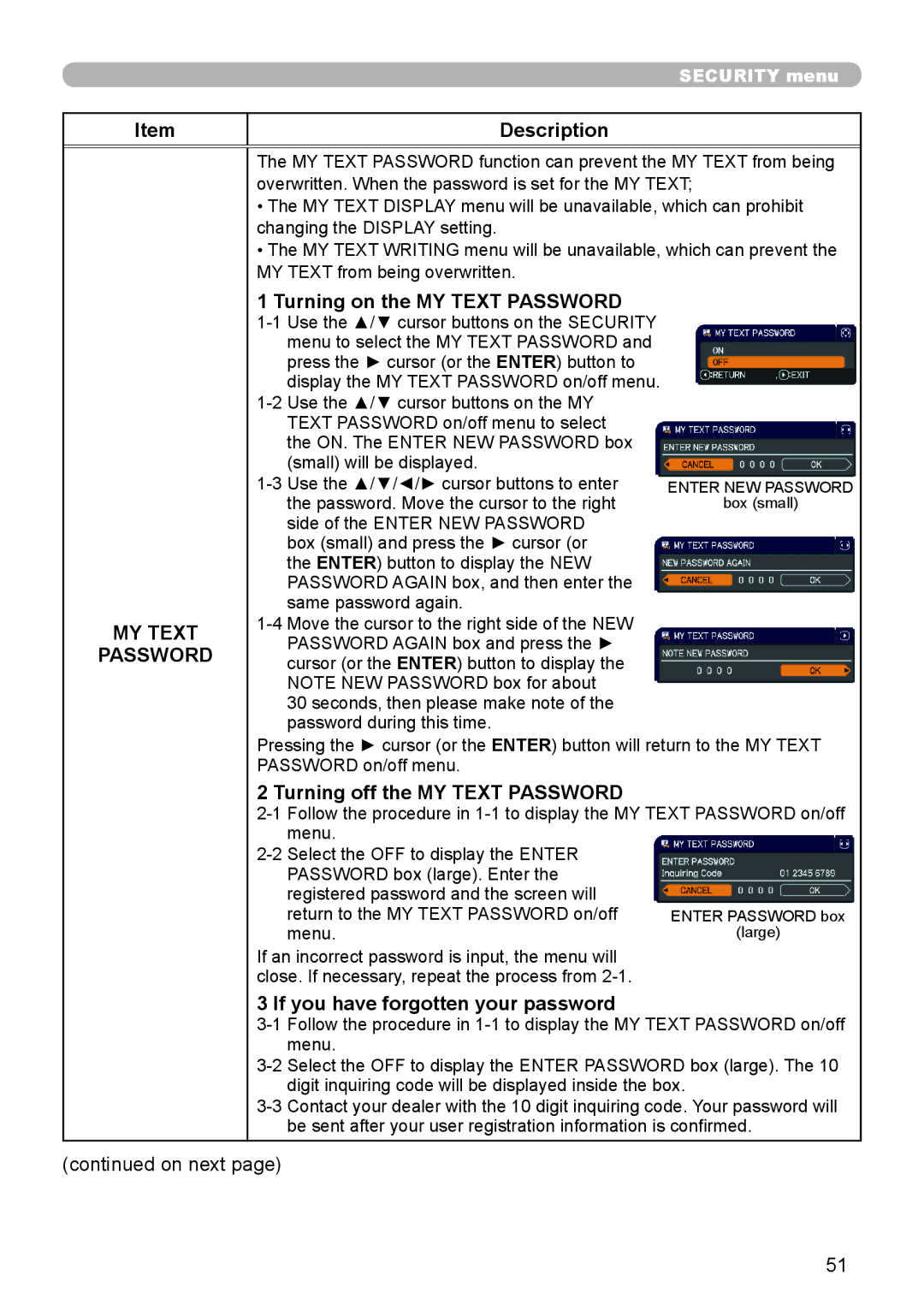 Dukane 8110H user manual Turning on the MY Text Password, Turning off the MY Text Password 