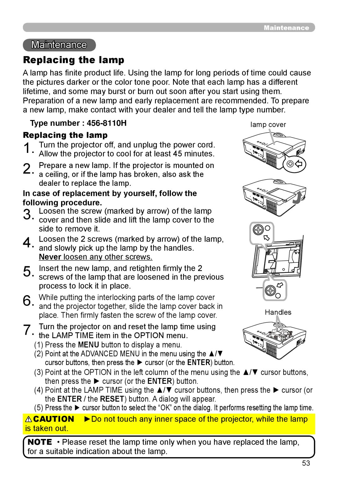 Dukane user manual Maintenance, Type number 456-8110H Replacing the lamp 