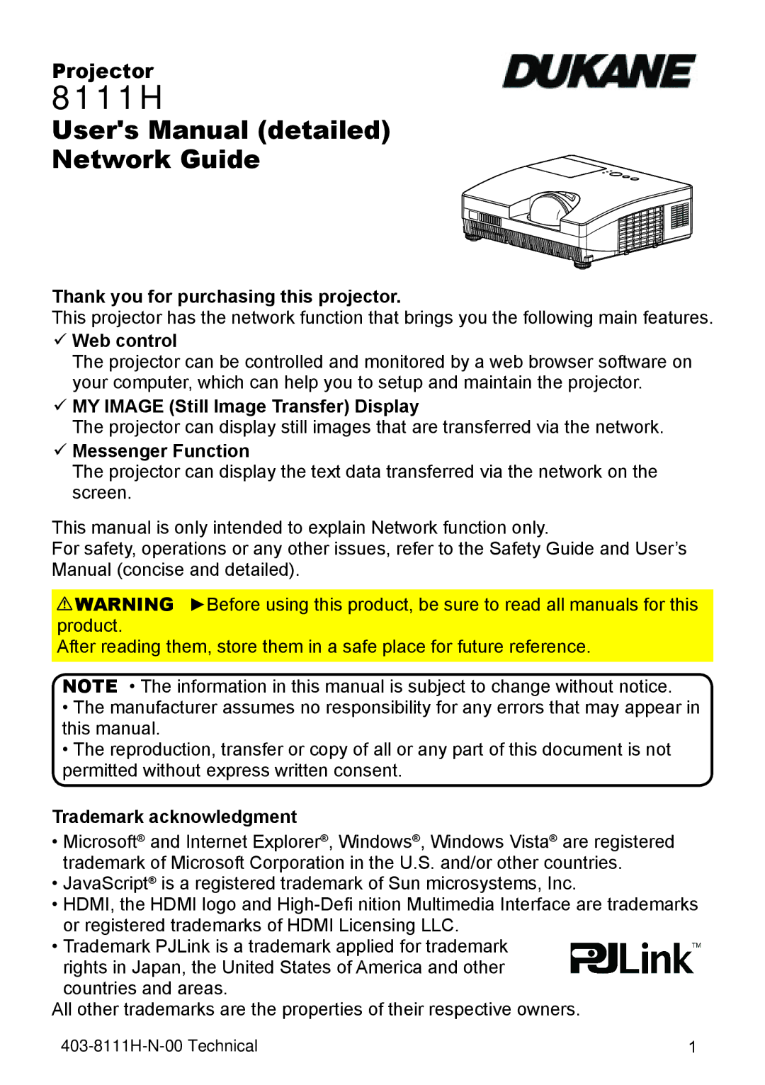 Dukane 8111H user manual Thank you for purchasing this projector, Web control, MY Image Still Image Transfer Display 