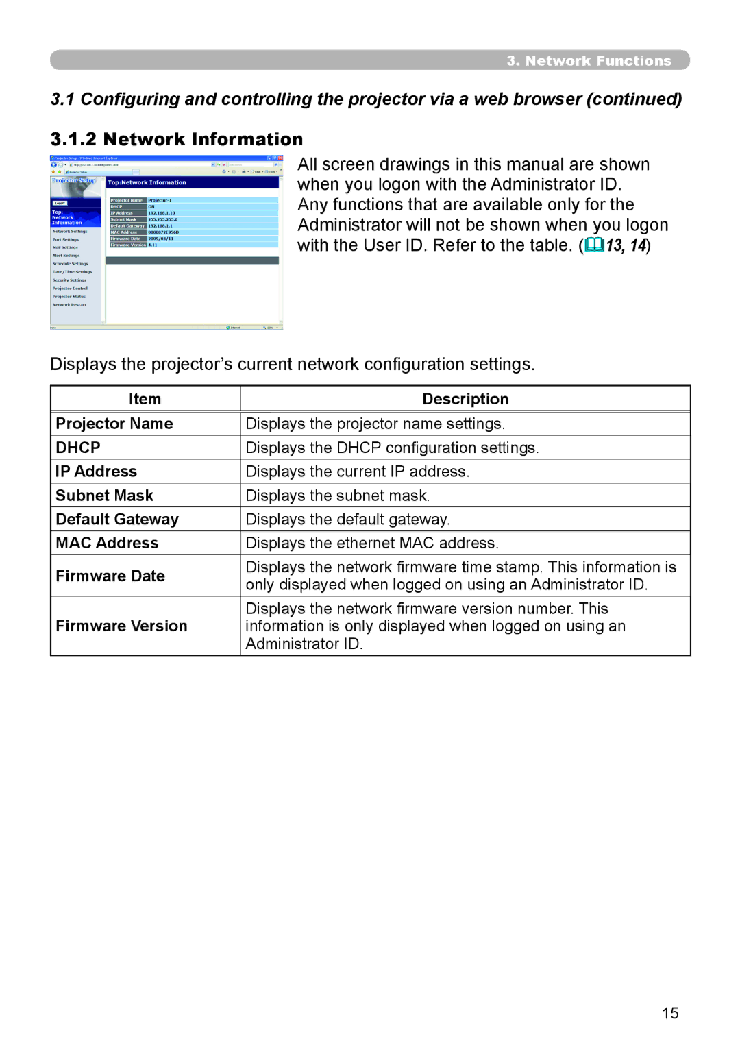 Dukane 8111H user manual Network Information, Description, Projector Name Displays the projector name settings 