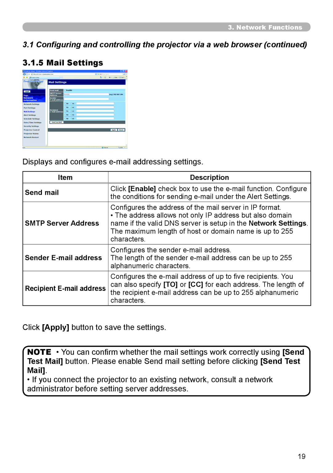 Dukane 8111H user manual Mail Settings, Displays and configures e-mail addressing settings, Send mail, Smtp Server Address 