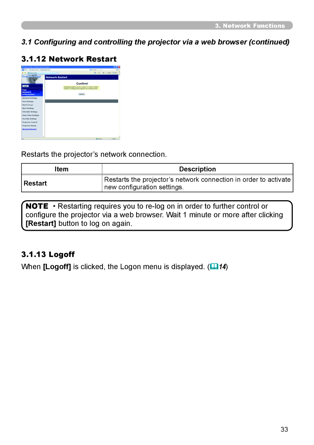 Dukane 8111H user manual Network Restart, Restarts the projector’s network connection, Logoff, Description Restart 