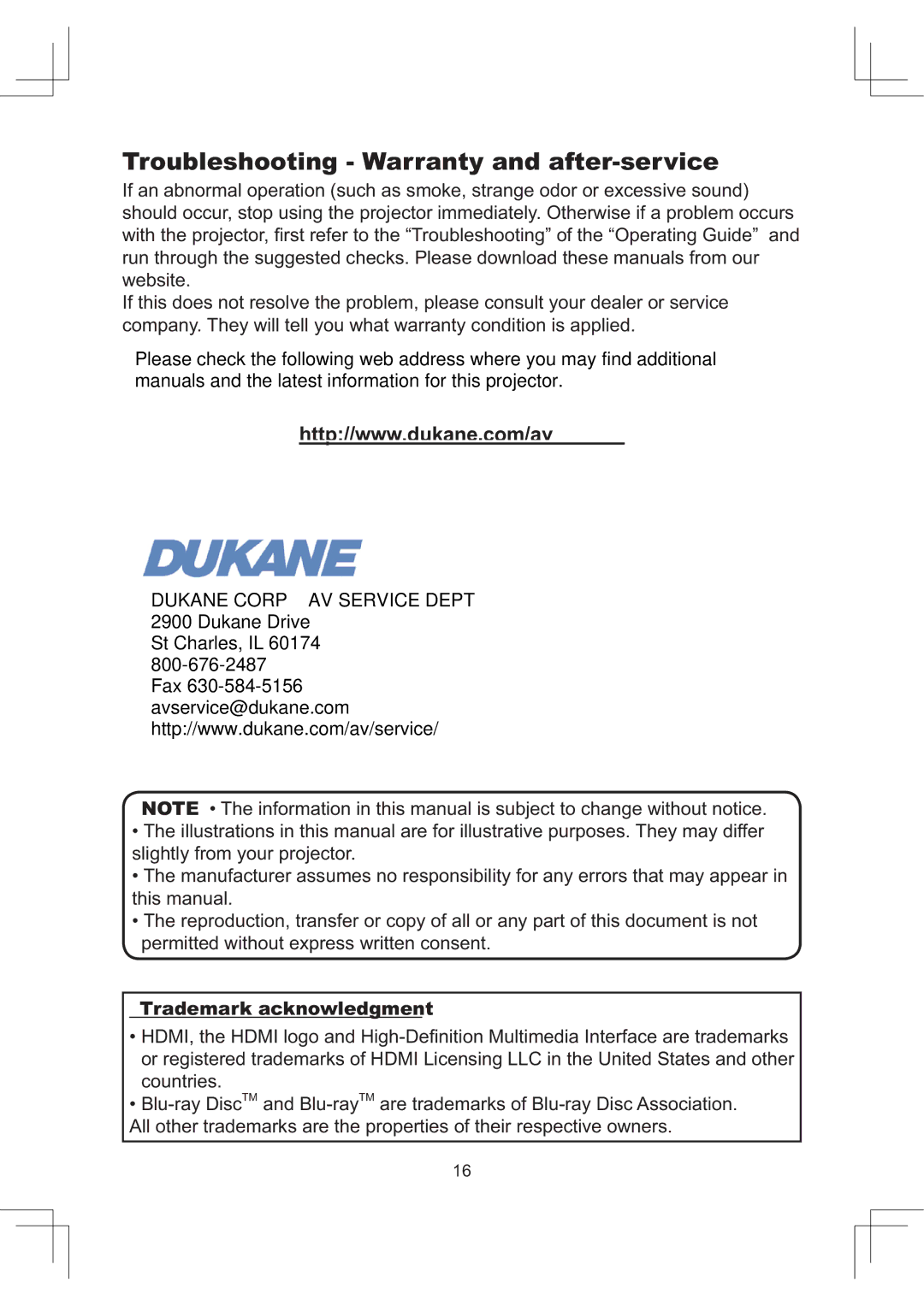 Dukane 8112 user manual Troubleshooting Warranty and after-service, Trademark acknowledgment 