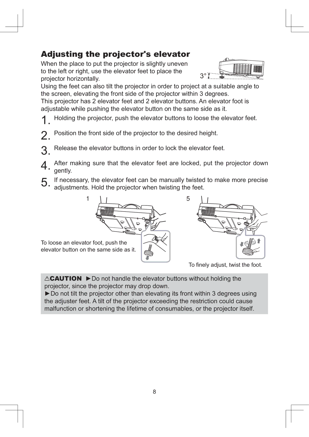 Dukane 8112 user manual Adjusting the projectors elevator 