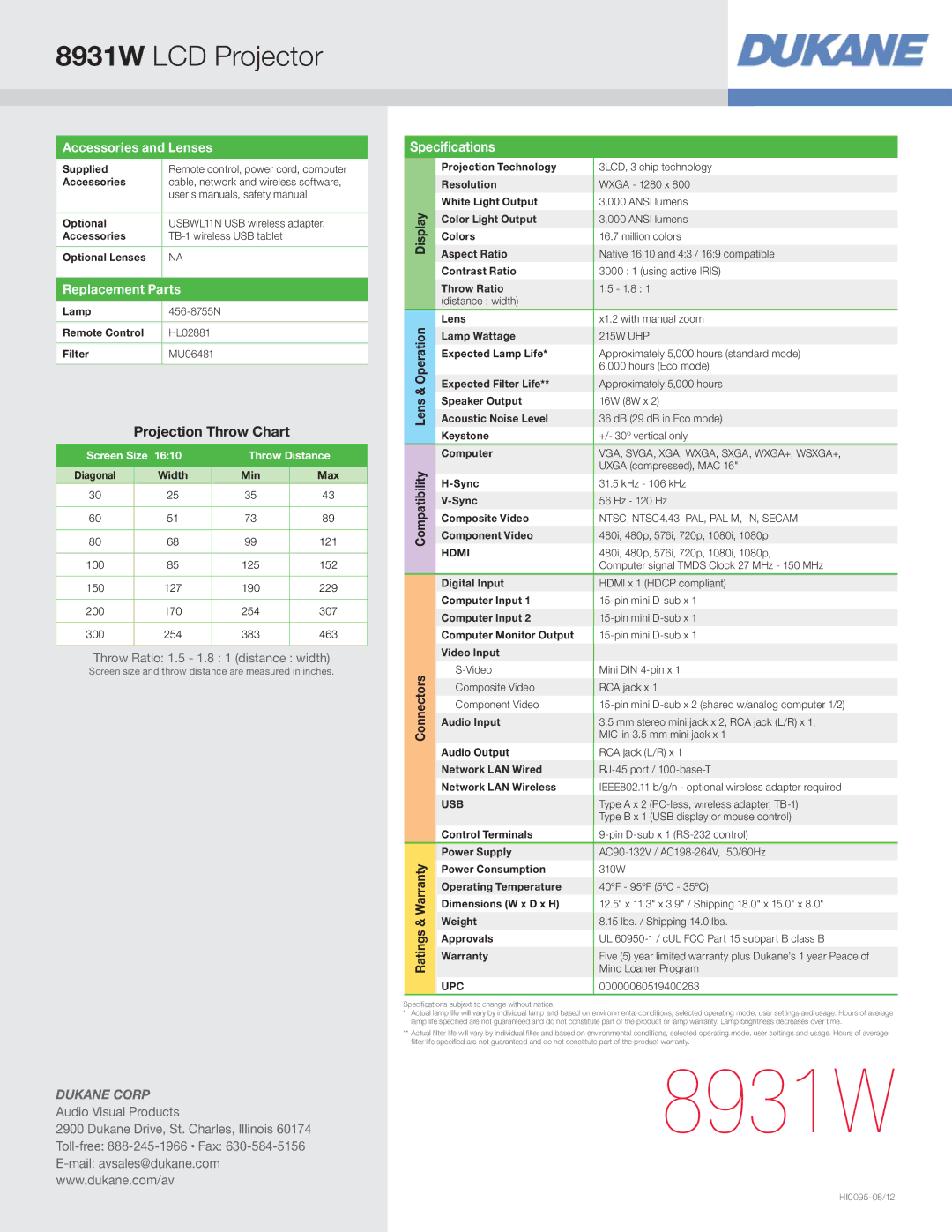 Dukane 8391W warranty Specifications 