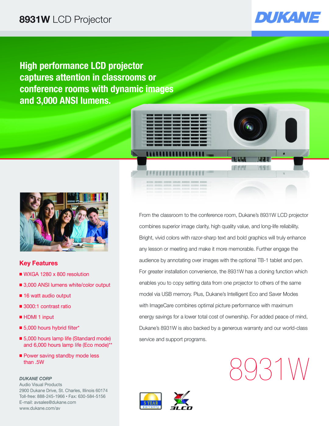 Dukane 8391W warranty 8931W LCD Projector, Key Features, watt audio output 30001 contrast ratio HDMI 1 input 
