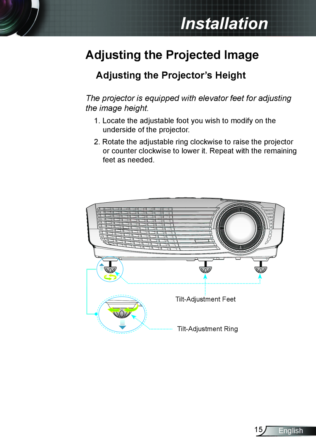 Dukane 8406A user manual Adjusting the Projected Image, Adjusting the Projector’s Height 