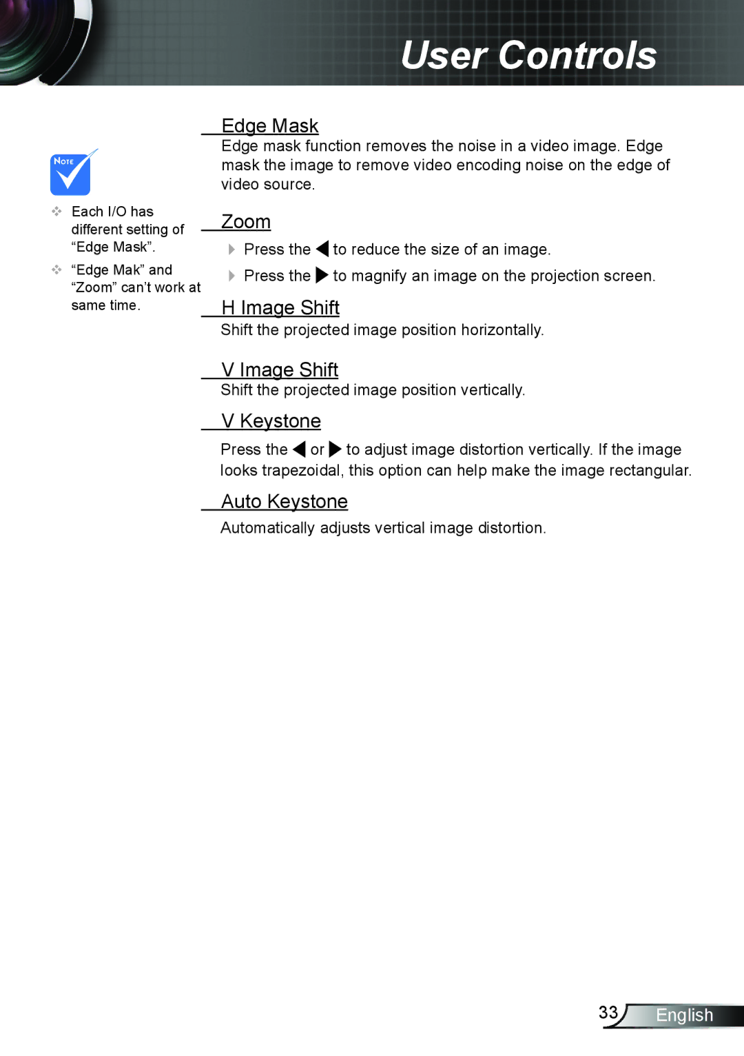 Dukane 8406A user manual Edge Mask, Zoom, Image Shift, Auto Keystone 