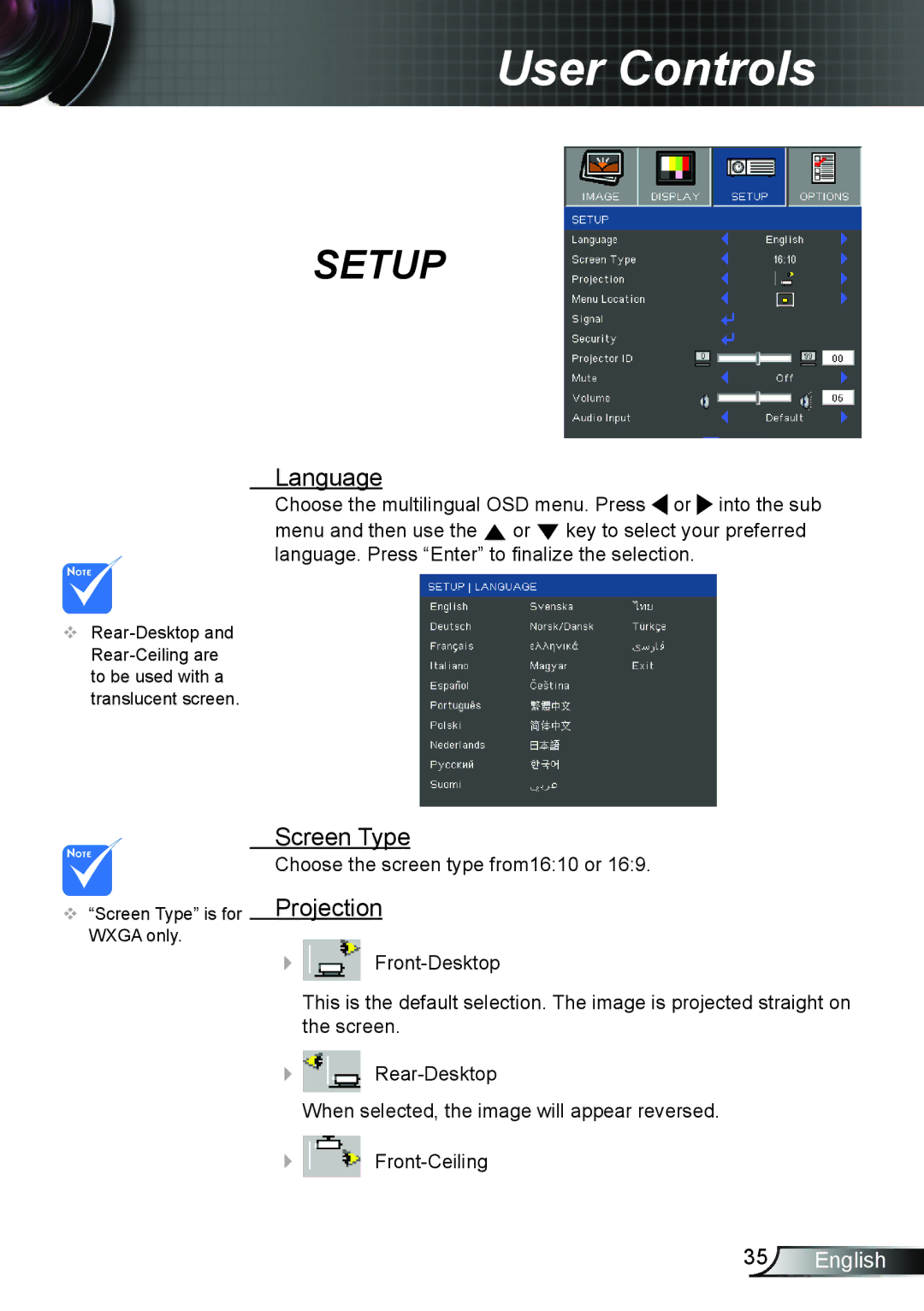 Dukane 8406A user manual Language, Screen Type, Projection 