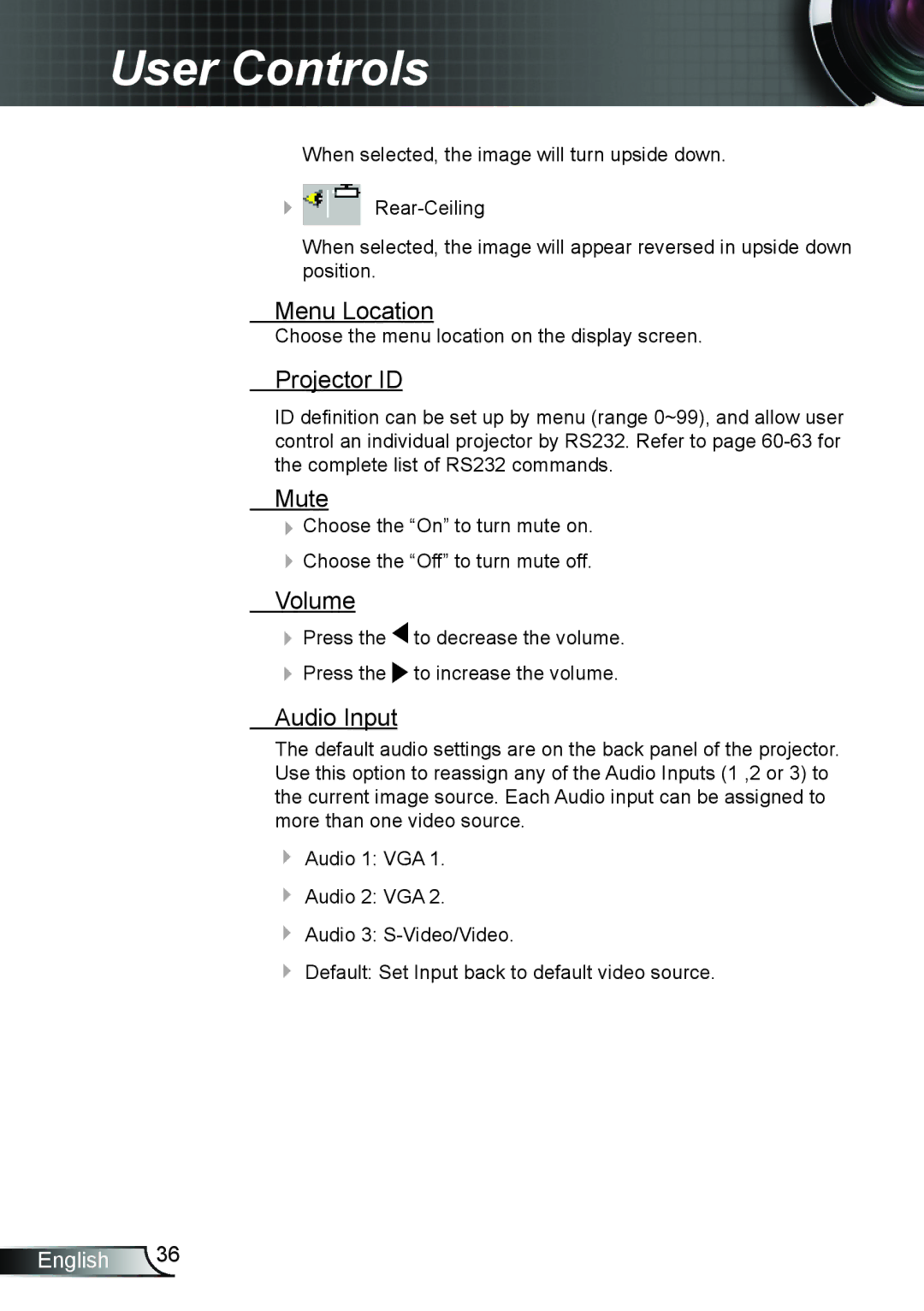 Dukane 8406A user manual Menu Location, Projector ID, Mute, Volume, Audio Input 