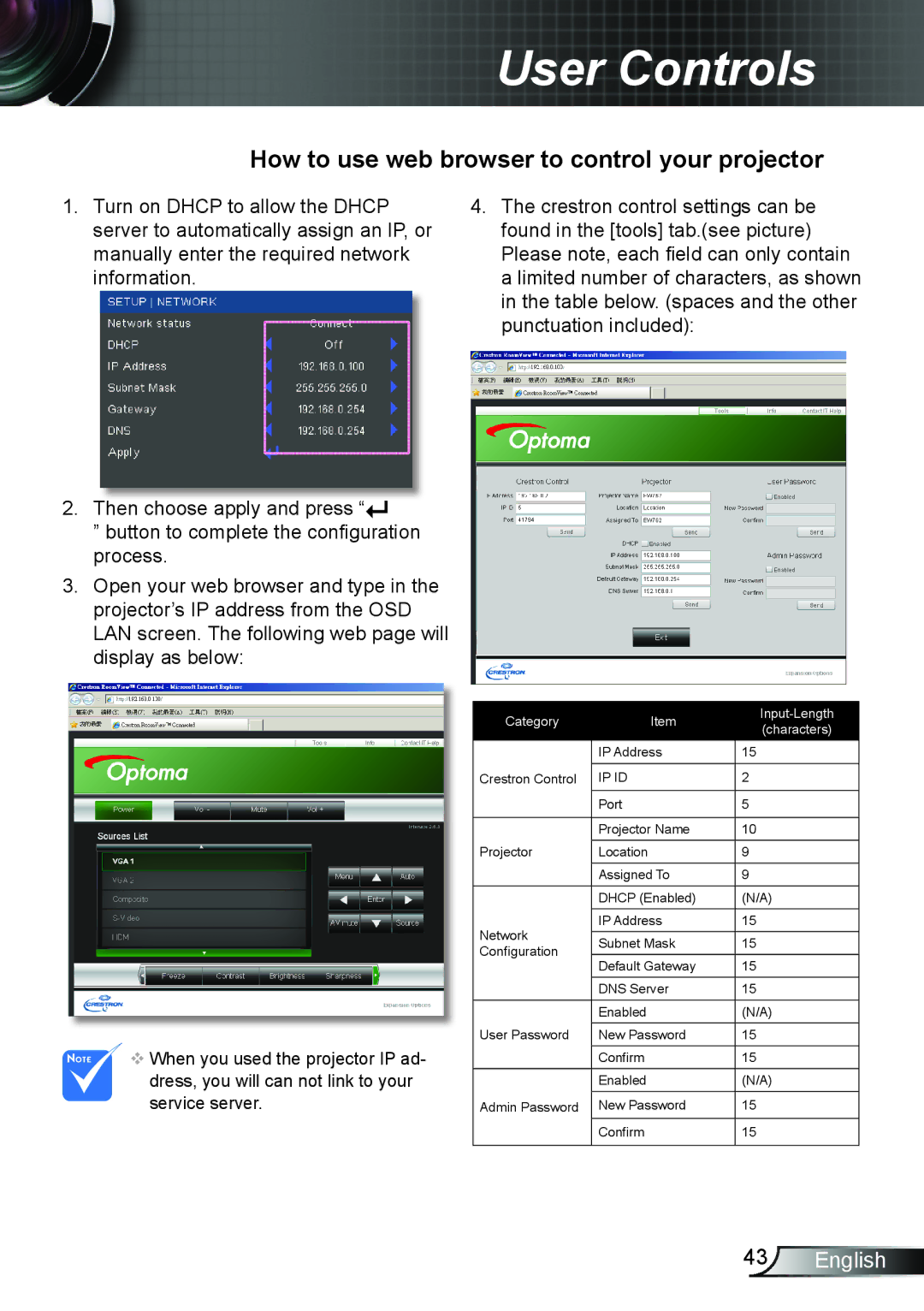 Dukane 8406A user manual How to use web browser to control your projector 