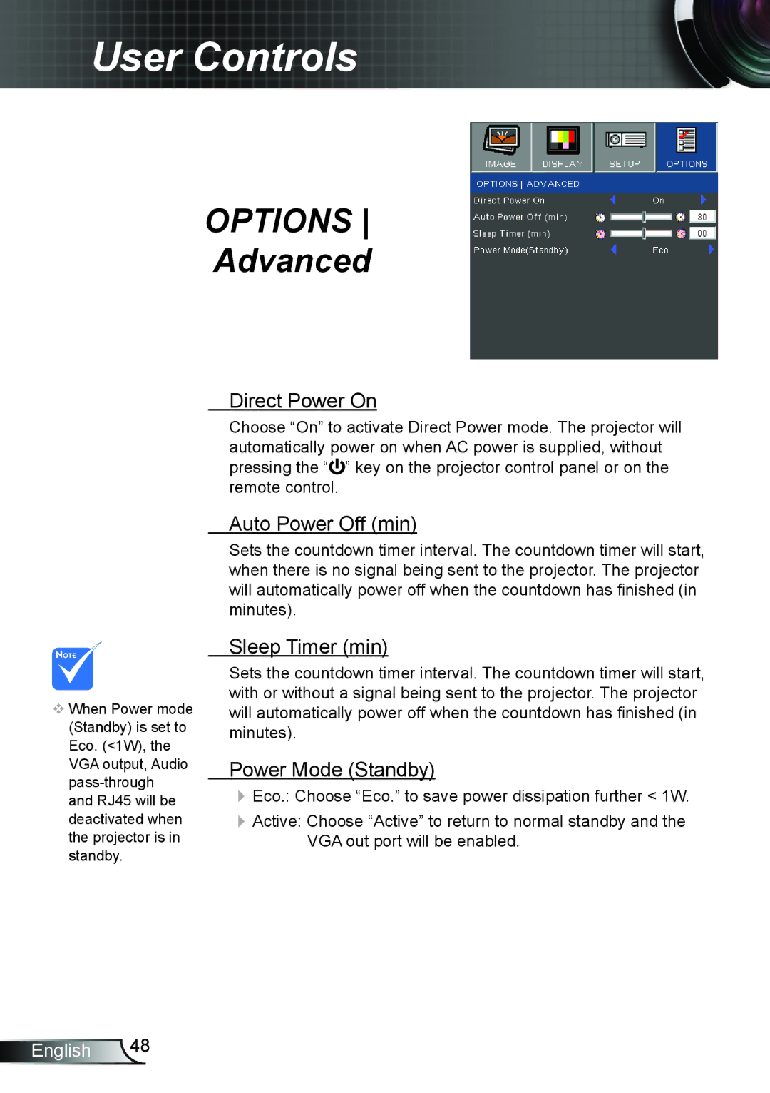 Dukane 8406A user manual Direct Power On, Auto Power Off min, Sleep Timer min, Power Mode Standby 