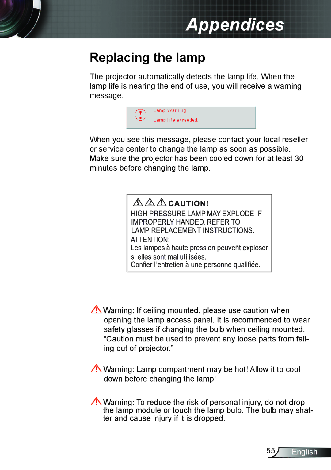 Dukane 8406A user manual Replacing the lamp 