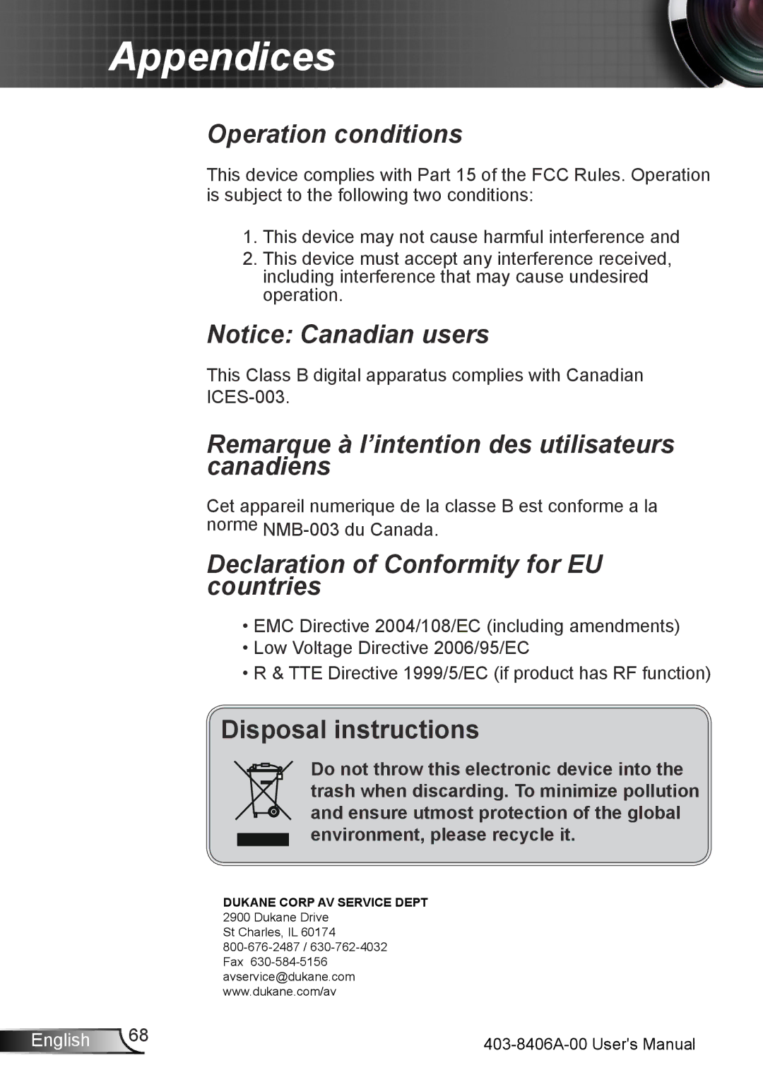 Dukane 8406A user manual Remarque à l’intention des utilisateurs canadiens 