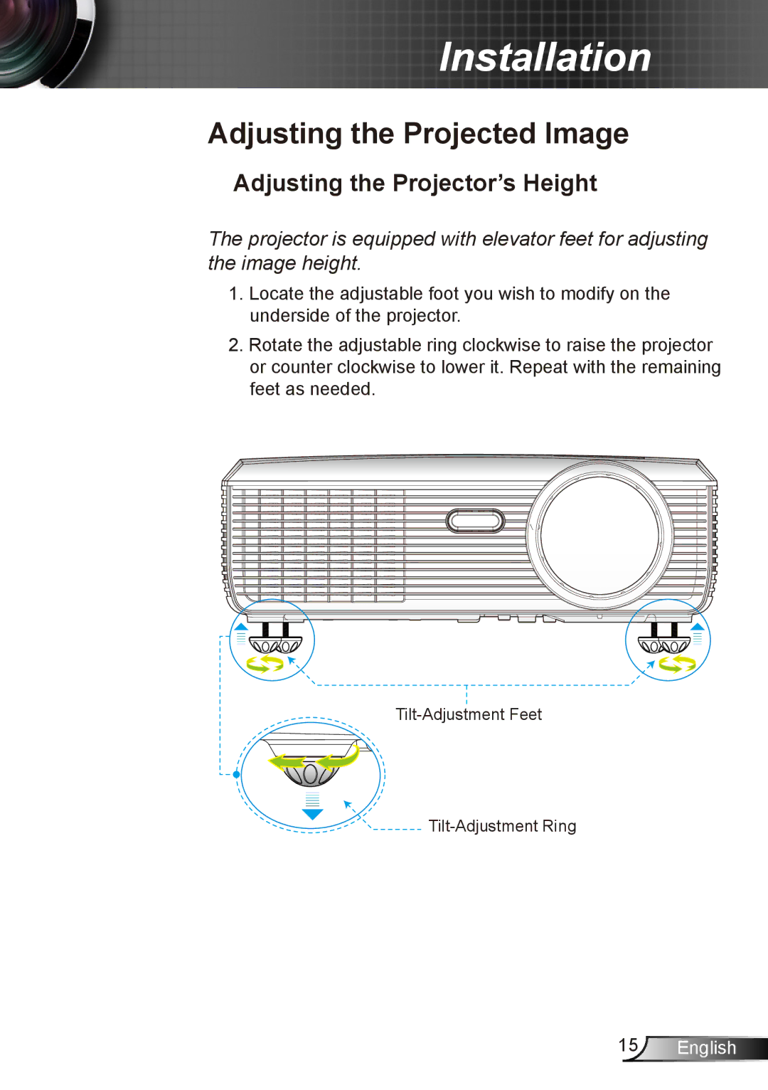 Dukane 8412 user manual Adjusting the Projected Image, Adjusting the Projector’s Height 