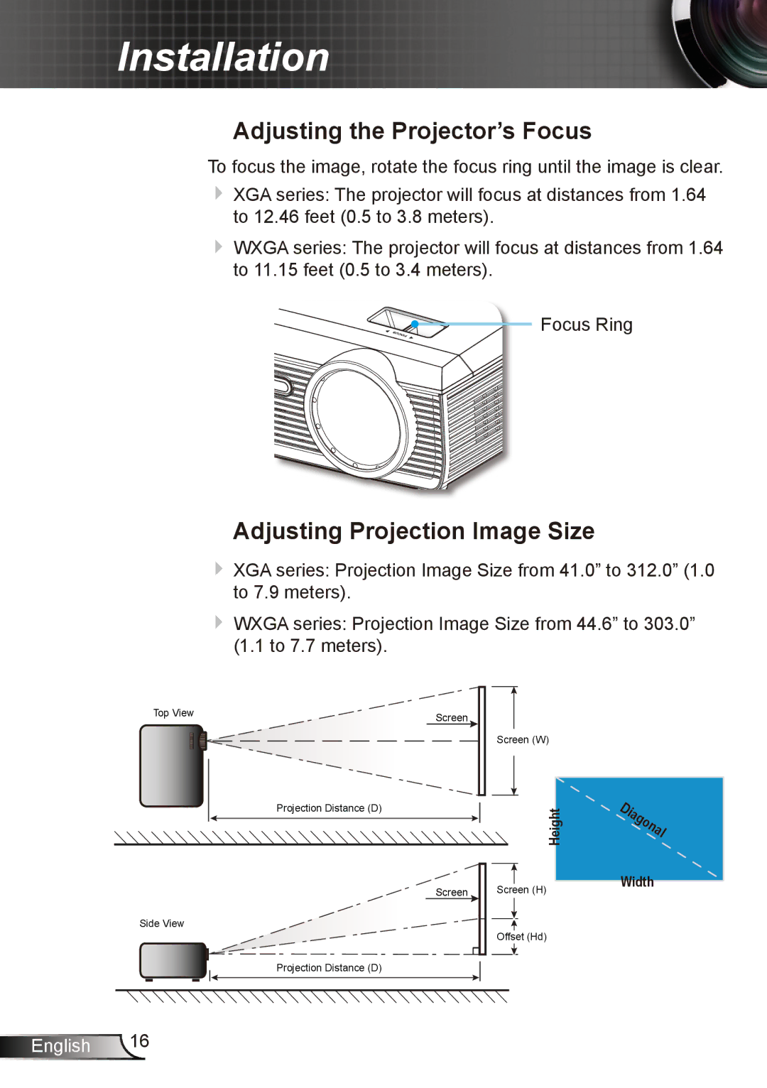 Dukane 8412 user manual Adjusting the Projector’s Focus, Adjusting Projection Image Size 