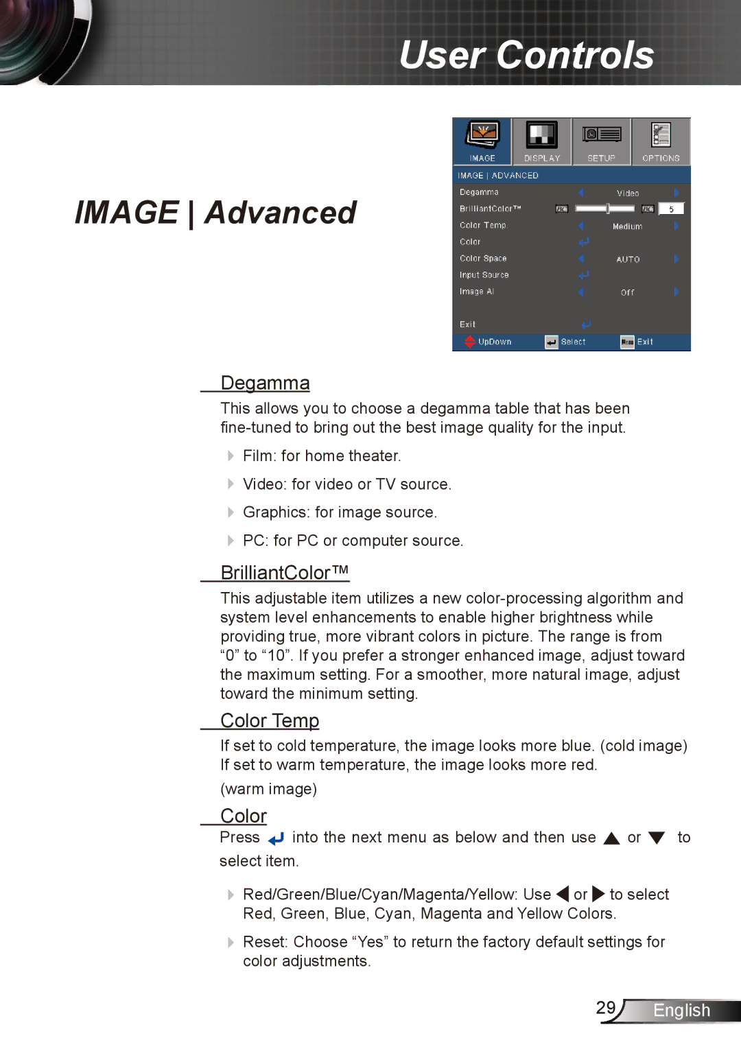 Dukane 8412 user manual Degamma, BrilliantColor, Color Temp 