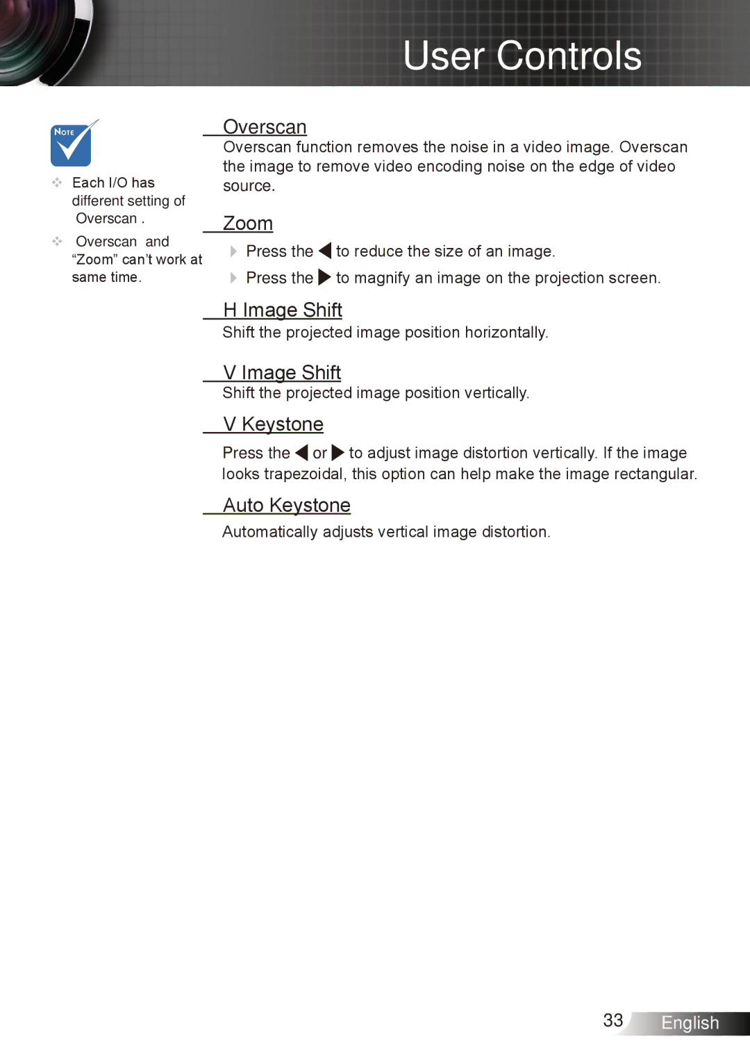 Dukane 8412 user manual Overscan, Zoom, Image Shift, Auto Keystone 