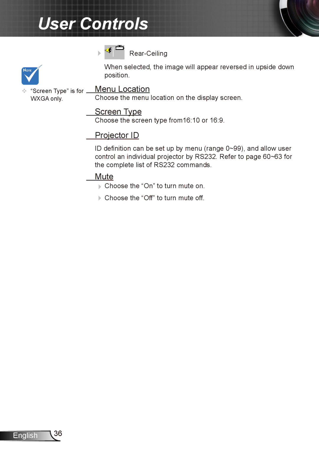 Dukane 8412 user manual Menu Location, Screen Type, Projector ID, Mute 