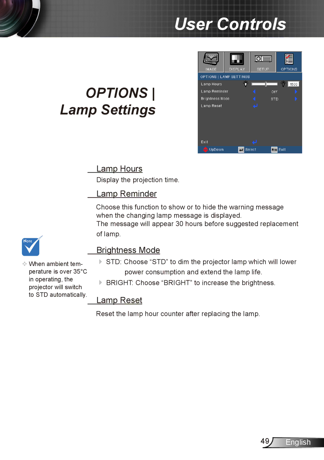 Dukane 8412 user manual Lamp Hours, Lamp Reminder, Brightness Mode, Lamp Reset 