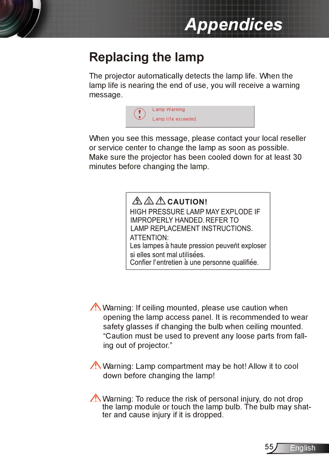 Dukane 8412 user manual Replacing the lamp 