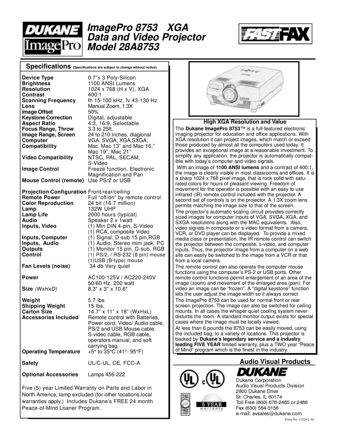 Dukane specifications ImagePro 8753 XGA Data and Video Projector Model 28A8753, Audio Visual Products 