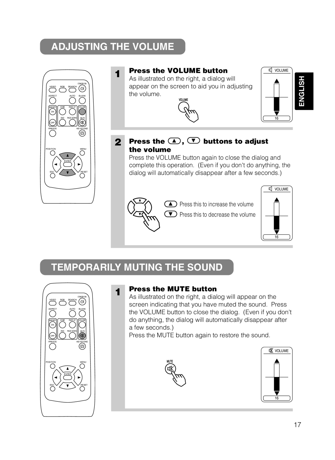 Dukane 8755B Adjusting the Volume, Temporarily Muting the Sound, Press the Volume button, Press Buttons to adjust Volume 