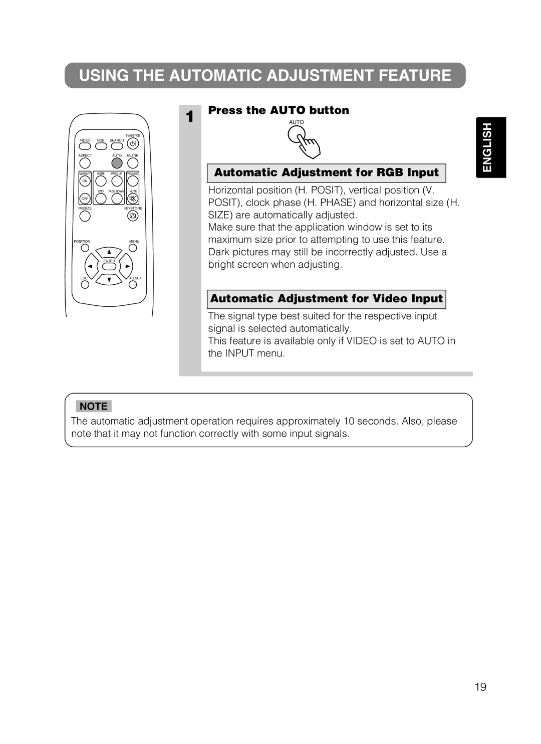 Dukane 8755B user manual Using the Automatic Adjustment Feature, Press the Auto button, Automatic Adjustment for RGB Input 