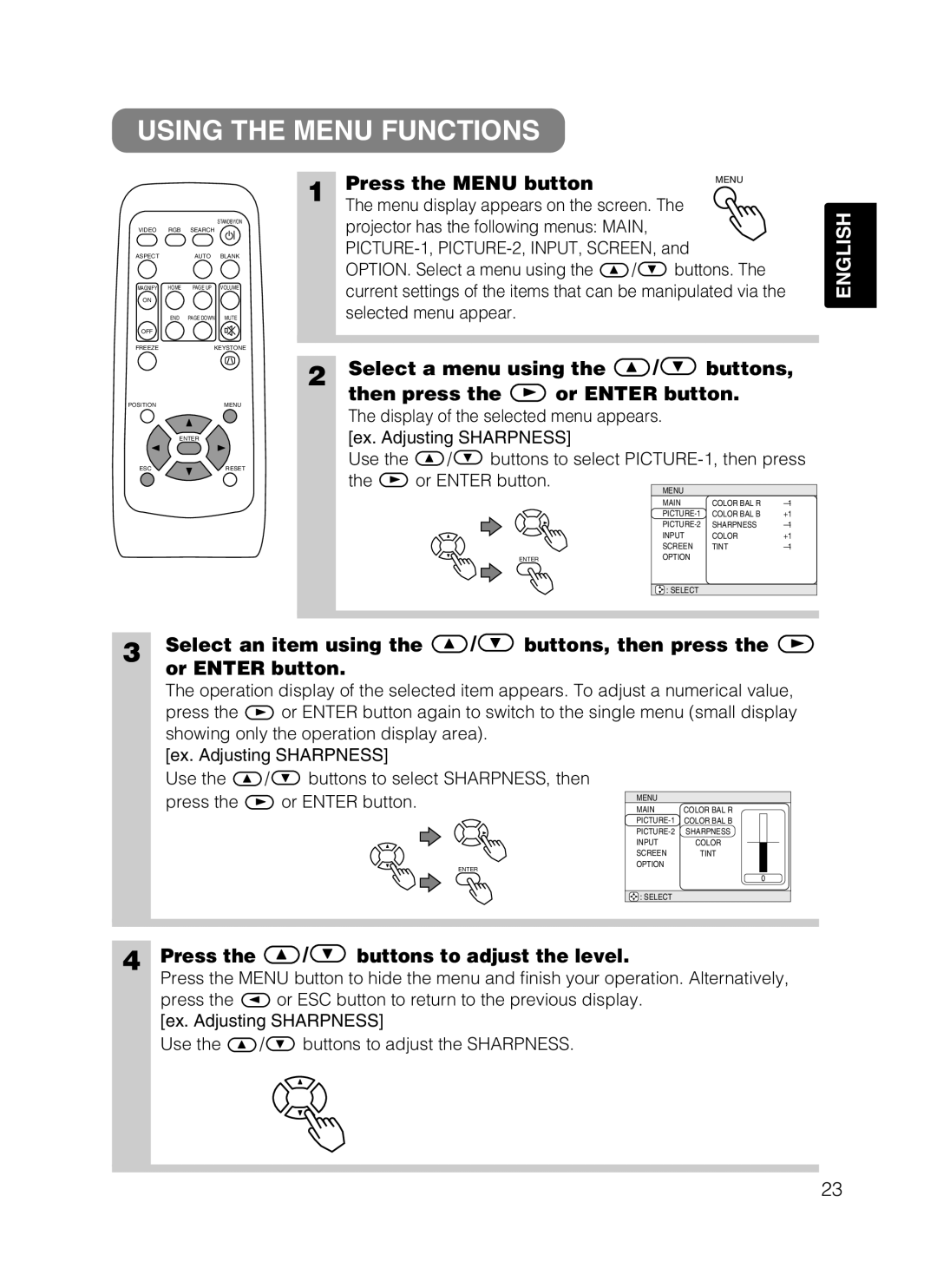 Dukane 8755B Using the Menu Functions, Press the Menu button, Select a menu using Buttons Then press Or Enter button 