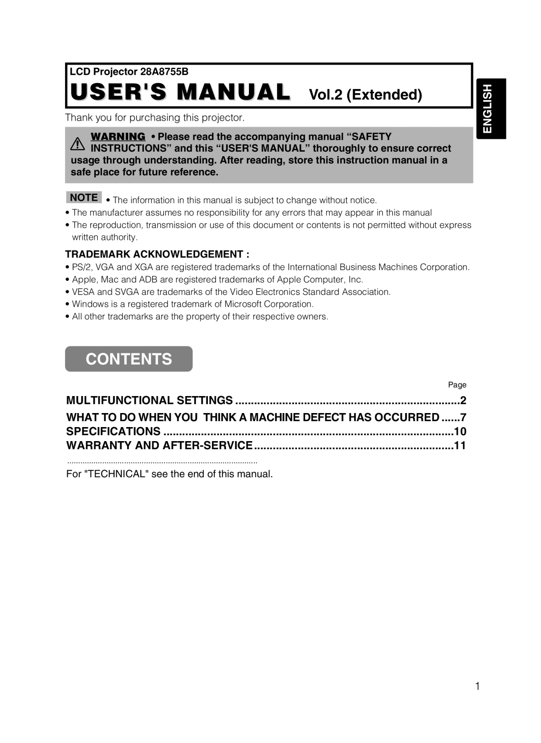 Dukane user manual LCD Projector 28A8755B, For Technical see the end of this manual 