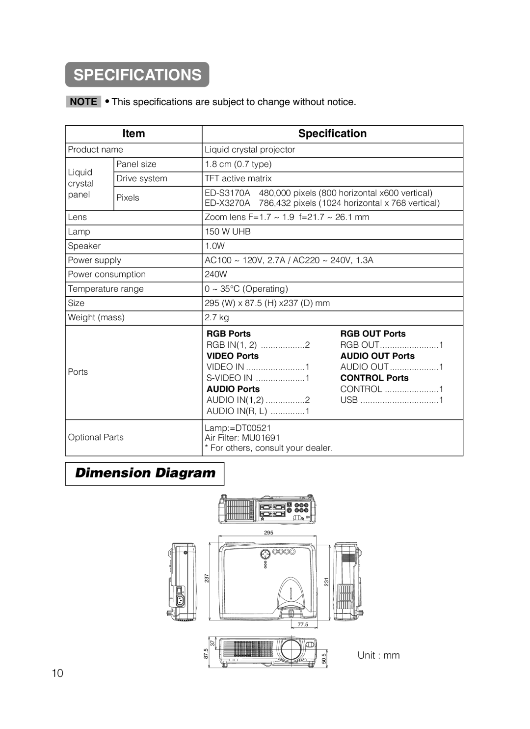 Dukane 8755B user manual Specifications, Dimension Diagram, Unit mm 