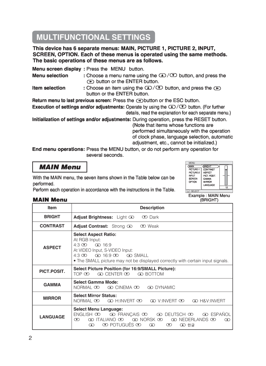Dukane 8755B user manual Multifunctional Settings, MAIN Menu 
